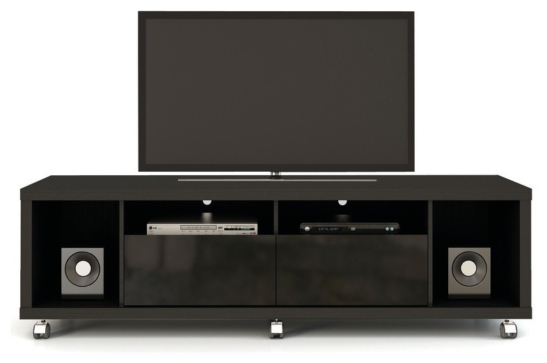 Mid Century Tv Stand Shelves And 2 Drawer Slides Black Gloss