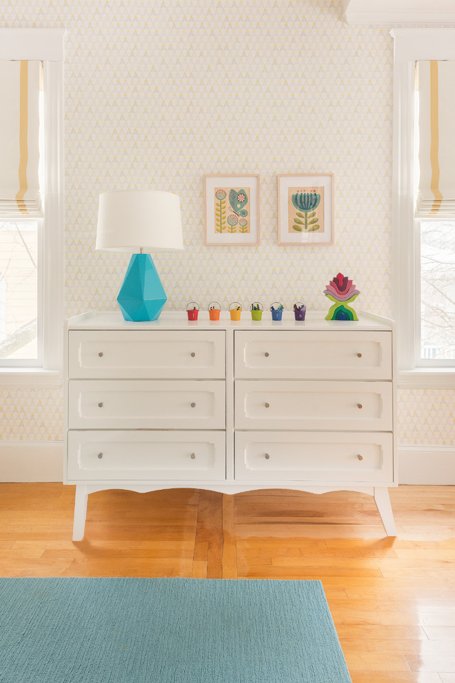 Photo of a transitional gender-neutral nursery in Boston with orange floor.