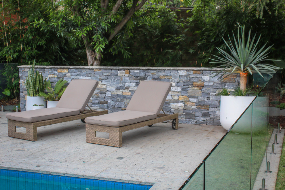 Ispirazione per una piscina moderna di medie dimensioni e dietro casa con paesaggistica bordo piscina