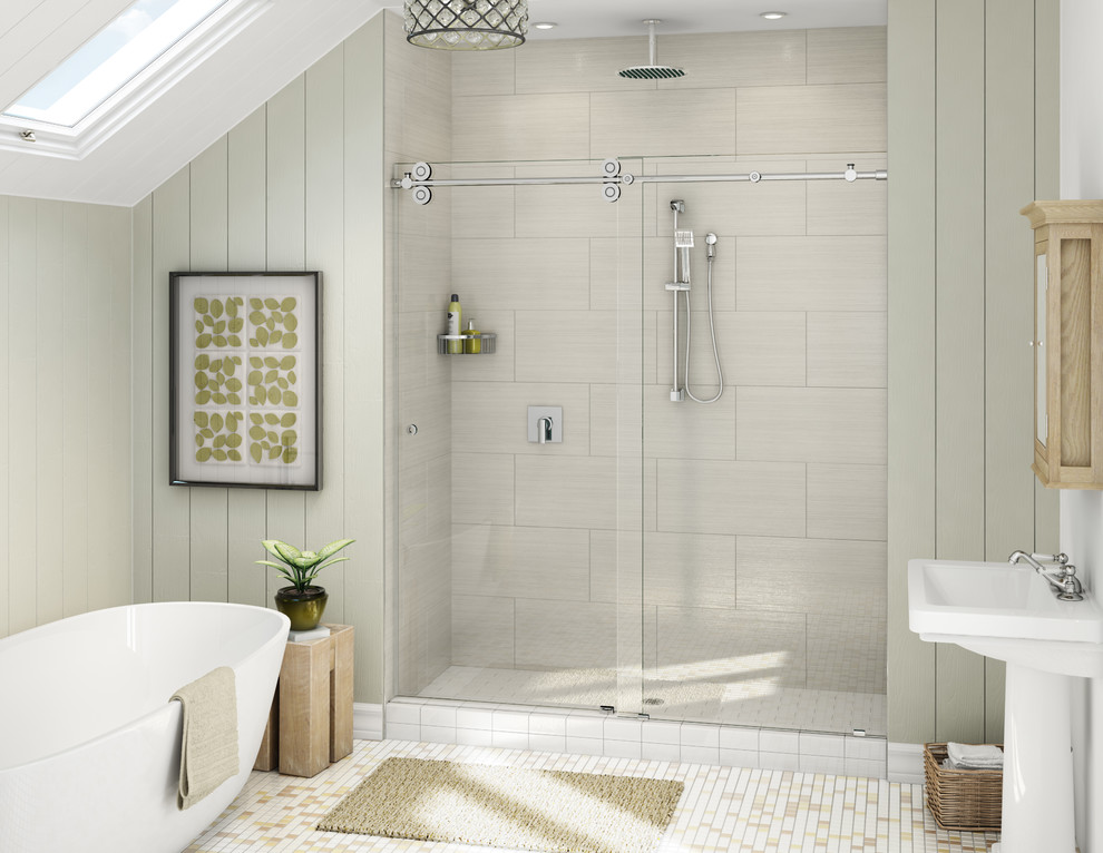This is an example of a small country master bathroom in Orange County with a pedestal sink, light wood cabinets, a freestanding tub, an open shower, beige tile, green walls and porcelain floors.