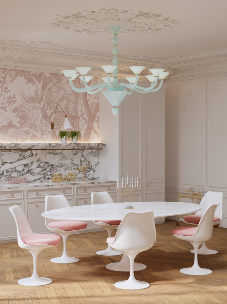 Example of a large transitional light wood floor, brown floor, shiplap ceiling and shiplap wall enclosed dining room design with beige walls