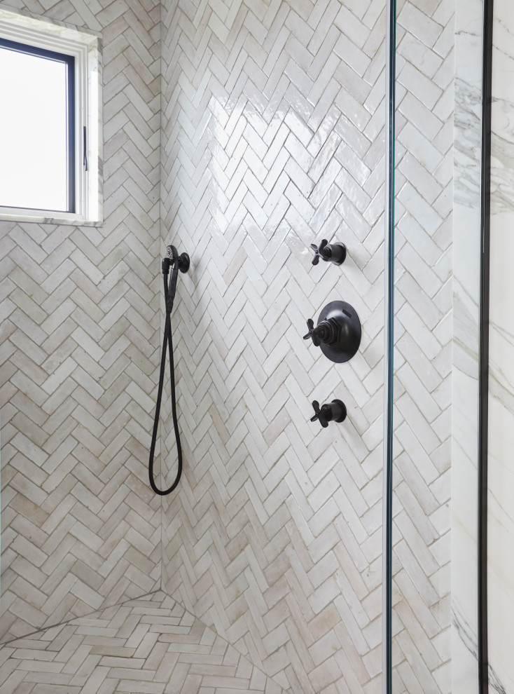 Example of an eclectic white tile bathroom design in New York with a hinged shower door