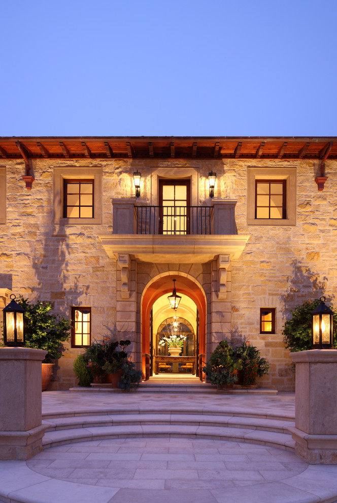 Design ideas for a mediterranean two-storey exterior in San Francisco with stone veneer.