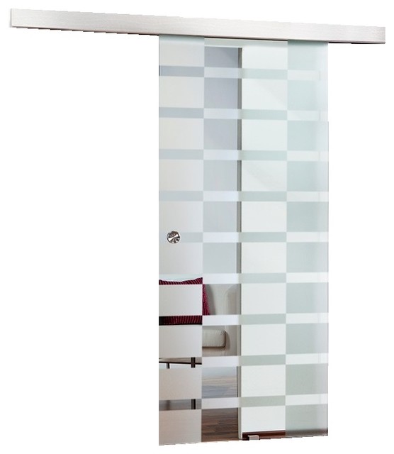 Sliding Glass Barn Door With Stripe Pattern Design Frosted Privacy 26 X81 Inch