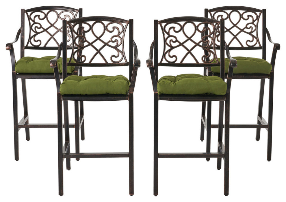 Deirdre Outdoor Barstool With Cushion, Set of 4, Shiny Copper/Olive