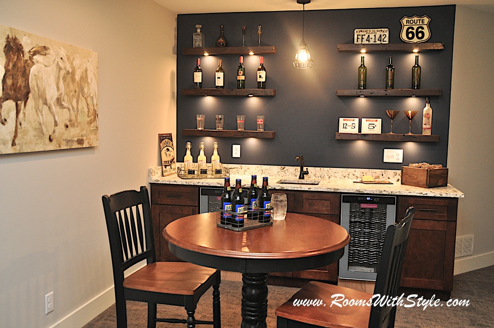 This is an example of a country open concept family room in Minneapolis with a home bar, blue walls and carpet.
