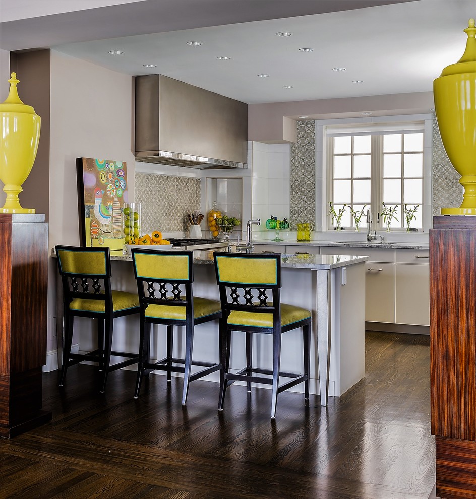 Large transitional u-shaped dark wood floor kitchen photo in Boston with a single-bowl sink, flat-panel cabinets, white cabinets, granite countertops, white backsplash, stone tile backsplash and paneled appliances