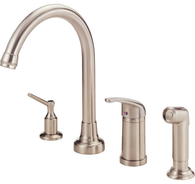 One Handle Arched Kitchen Faucet, Side Spray & Soap Dispenser