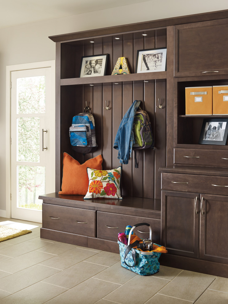 Mid-sized transitional porcelain tile and brown floor hallway photo with beige walls