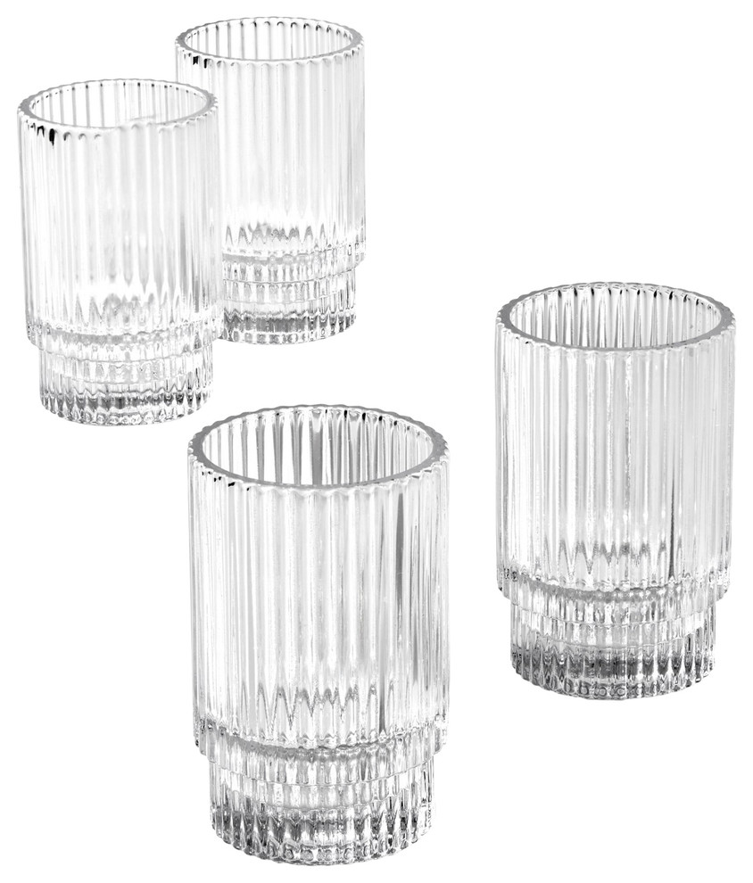 Short Clear Ribbed Glass Votive Holder, Set of 4 Contemporary