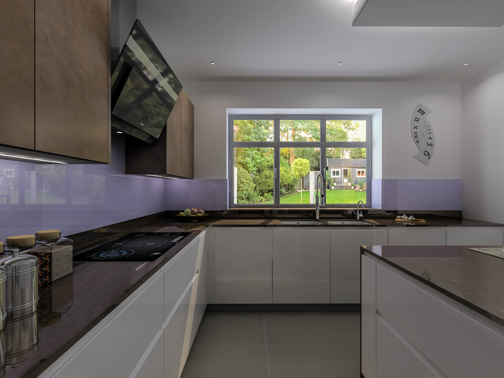 This is an example of a large contemporary l-shaped eat-in kitchen in London with a single-bowl sink, flat-panel cabinets, brown cabinets, quartzite benchtops, metallic splashback, glass sheet splashback, black appliances, porcelain floors, with island and grey floor.