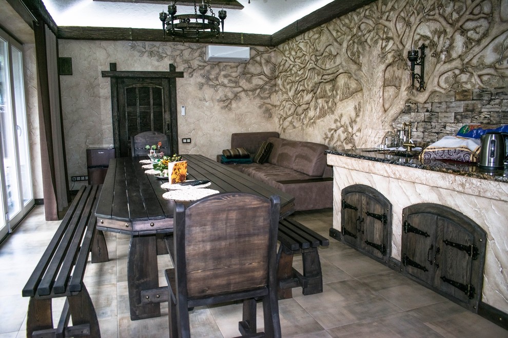 Крытая терраса с мангальной зоной в скандинавском стиле.