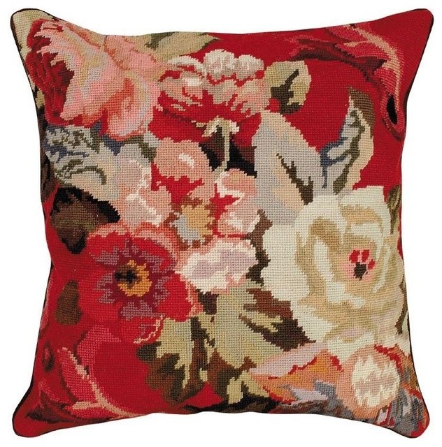 Floral Needlepoint Down Pillow Diagonal Flowers 2 Traditional