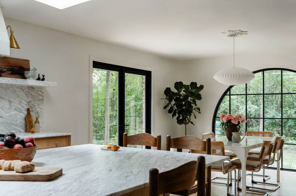 Example of a large transitional light wood floor kitchen/dining room combo design in Chicago with white walls
