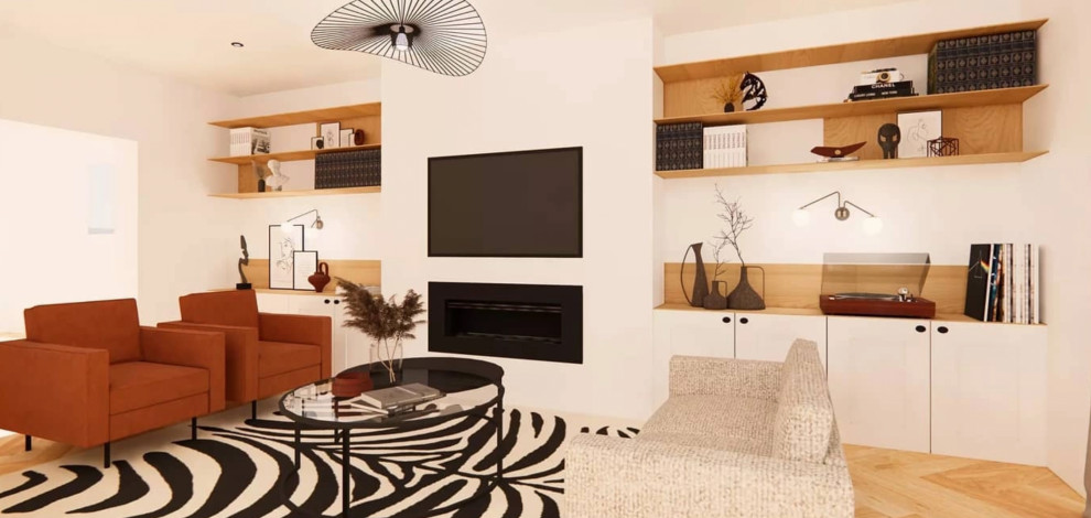 Immagine di un grande soggiorno minimal aperto con libreria, pareti bianche, parquet chiaro, camino sospeso, TV a parete e pareti in legno