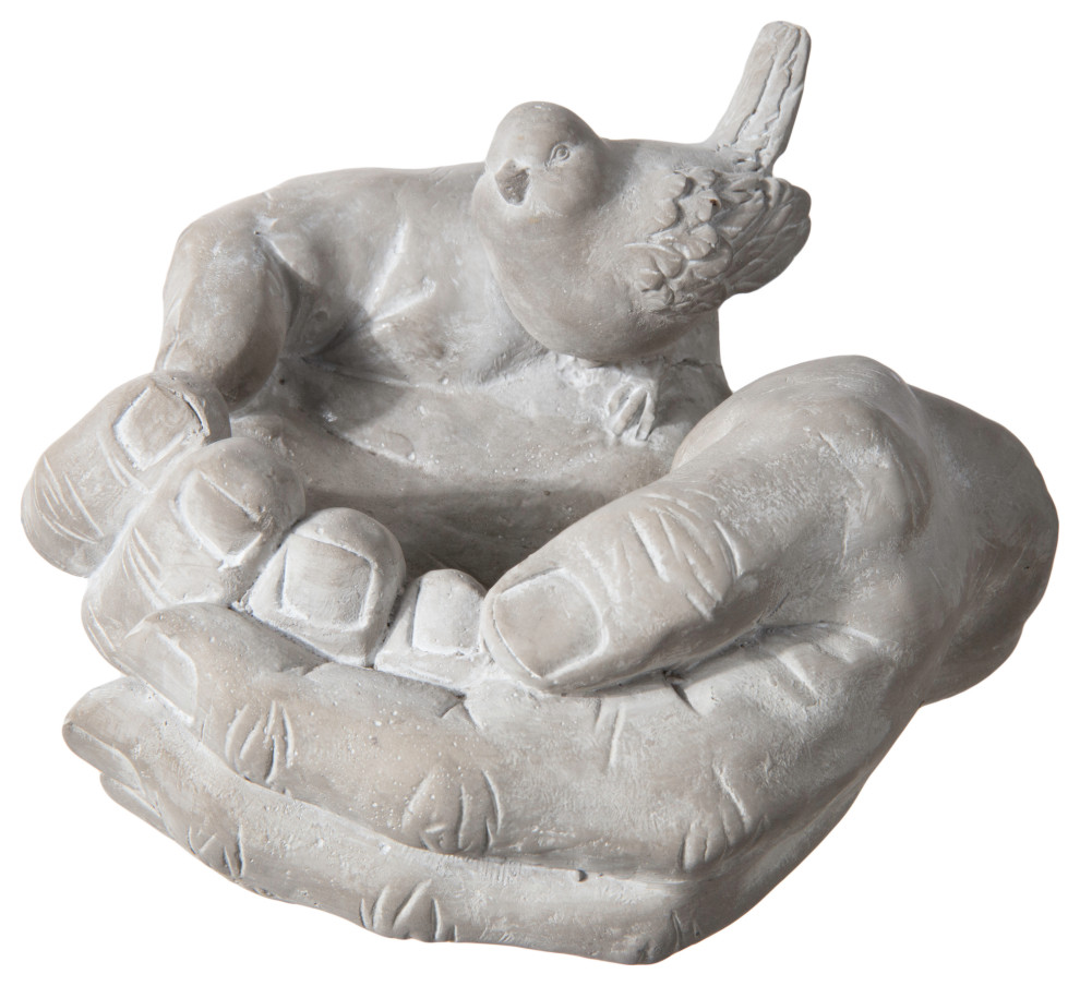 Cement Hand Bird Bath Figurine Concrete Gray Finish Farmhouse Bird