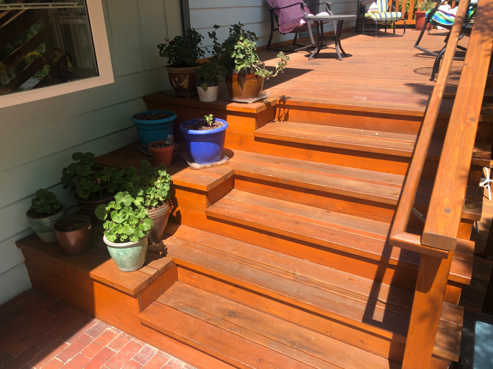 Photo of a small back first floor wood railing terrace in Other with a potted garden and no cover.