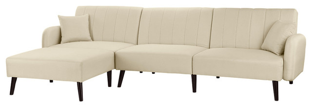 Mid Century Reclining Sleeper Sofa Bed With Chaise Lounge Beige