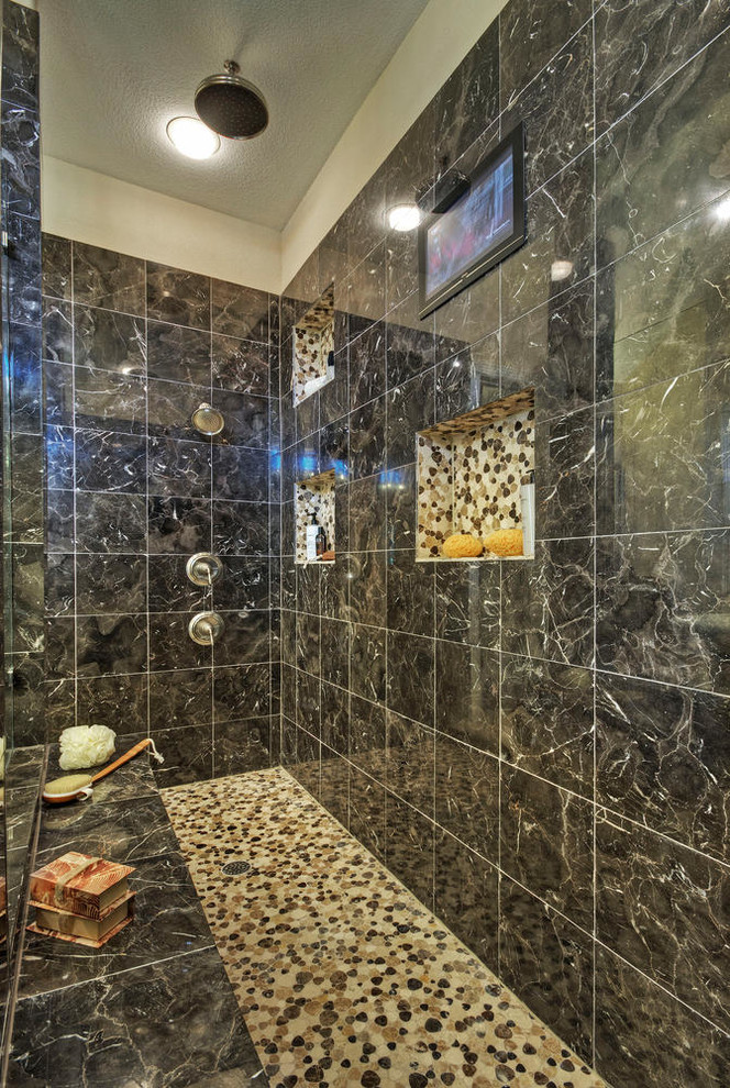 Large contemporary master bathroom in Dallas with mosaic tile, an open shower, black tile and beige walls.
