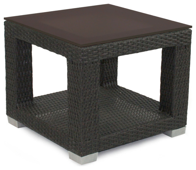 Miami Outdoor End Table With Tempered Glass Top, Signature Espresso Brown Tropical Outdoor