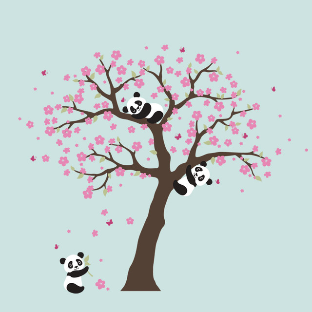 Panda And Cherry Blossom Tree Wall Decal Asian Kids Decor By Simple Shapes Houzz - Cherry Blossom Tree Wall Decor