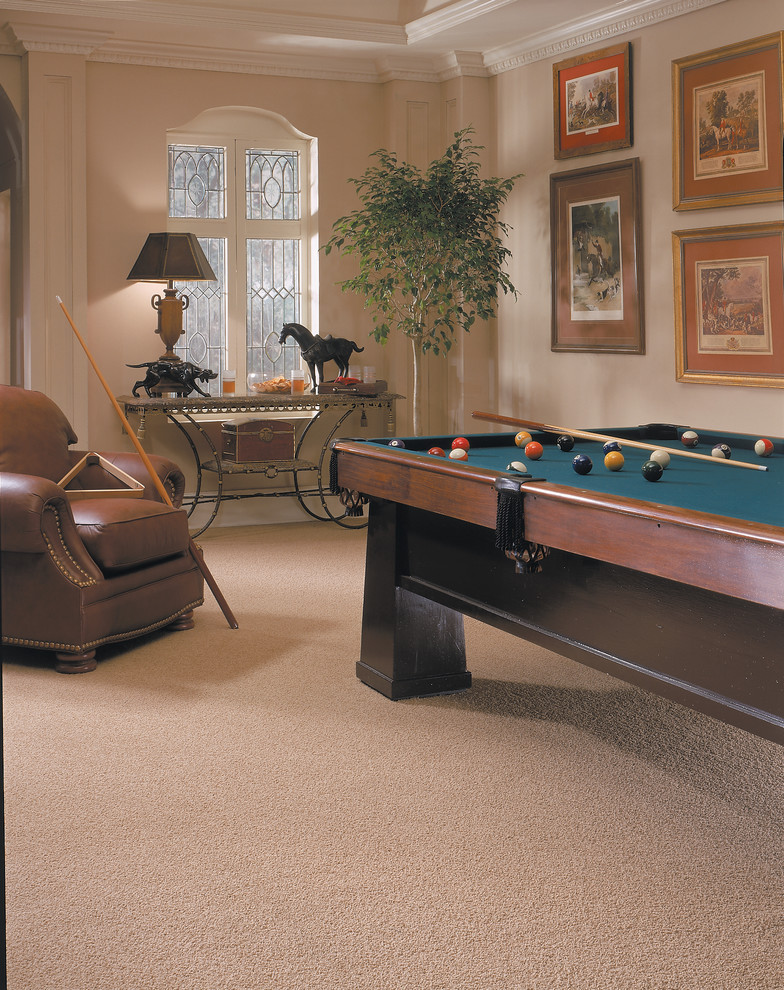 This is an example of a mid-sized traditional look-out basement in Other with beige walls, carpet and no fireplace.