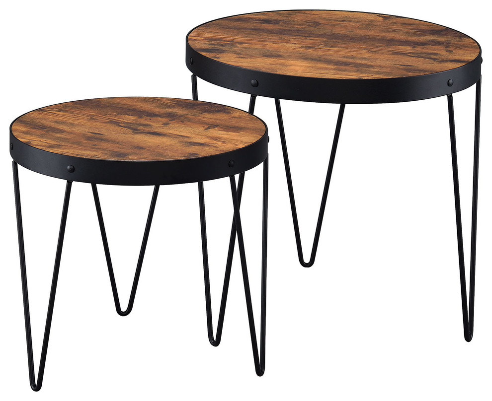 2-Piece Accent Nesting Side Table Set Hairpin Legs Cherry Wood Round Top Set