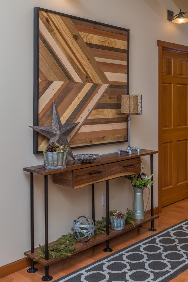 Hallway - mid-sized transitional light wood floor hallway idea with white walls