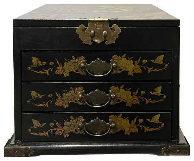 Chinese Oriental Black Dragon Phoenix Mirror Rectangular Jewelry Box