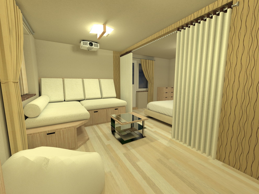 Интерьер комнаты совмещающей в себе спальню и зону отдыха.