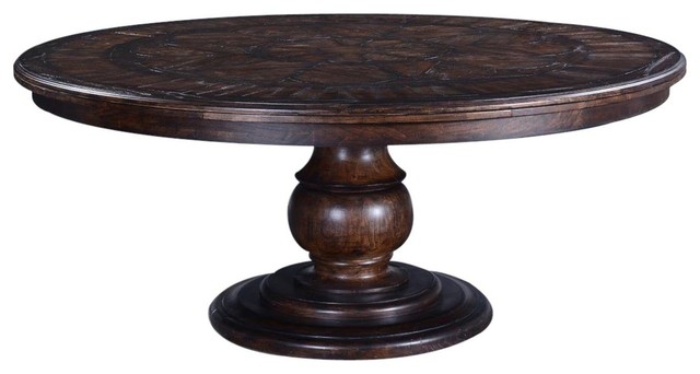 Dining Table Catalan Round 6-Ft Parquet Top  Pedestal Base  Antiqued