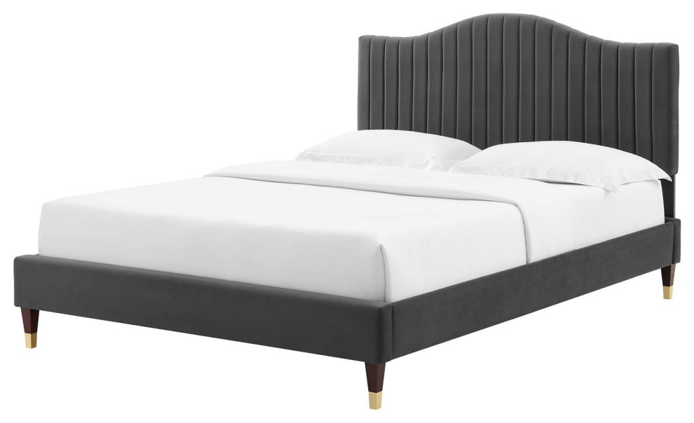 Tufted Platform Bed Frame, King Size, Velvet, Gray, Modern Contemporary