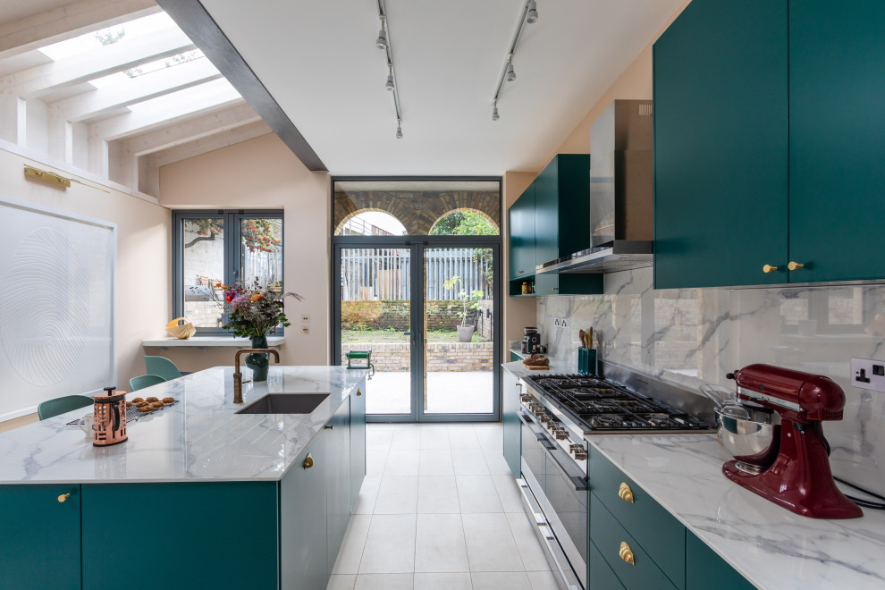 Design ideas for a contemporary kitchen in London with a built-in sink, flat-panel cabinets, green cabinets, marble worktops, white splashback, marble splashback, stainless steel appliances, ceramic flooring, an island, white floors, white worktops and a timber clad ceiling.