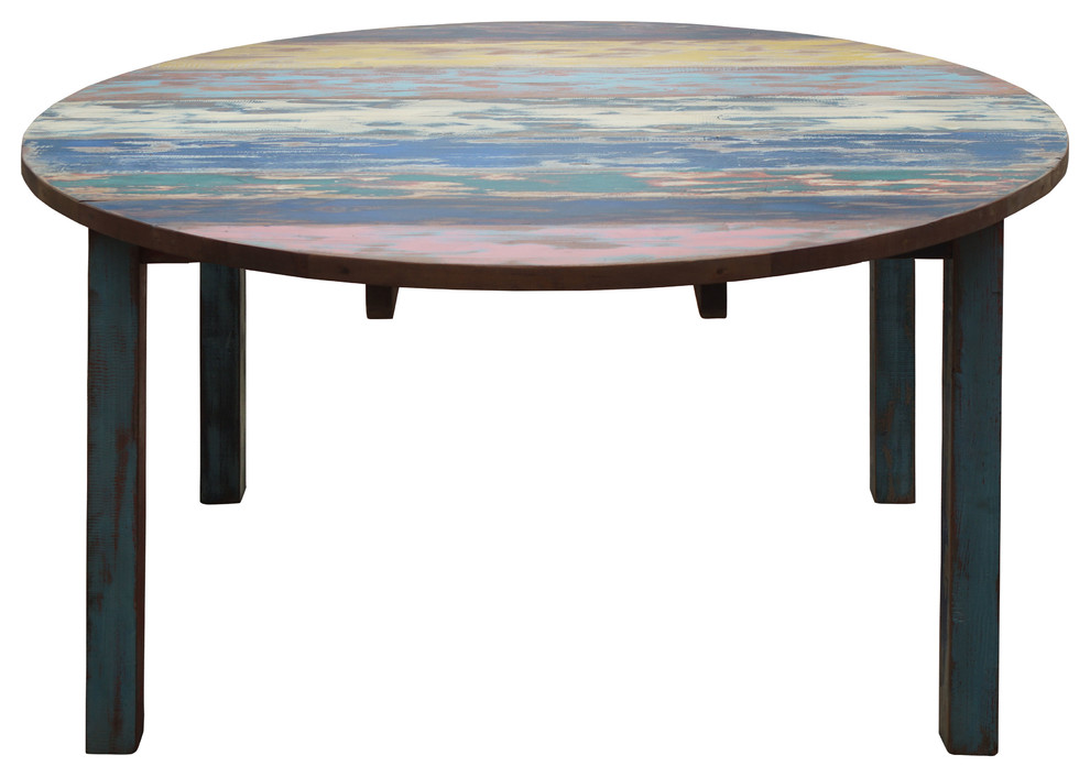 Round Dining Table made from Recycled Teak Wood Boats, 63" Farmhouse