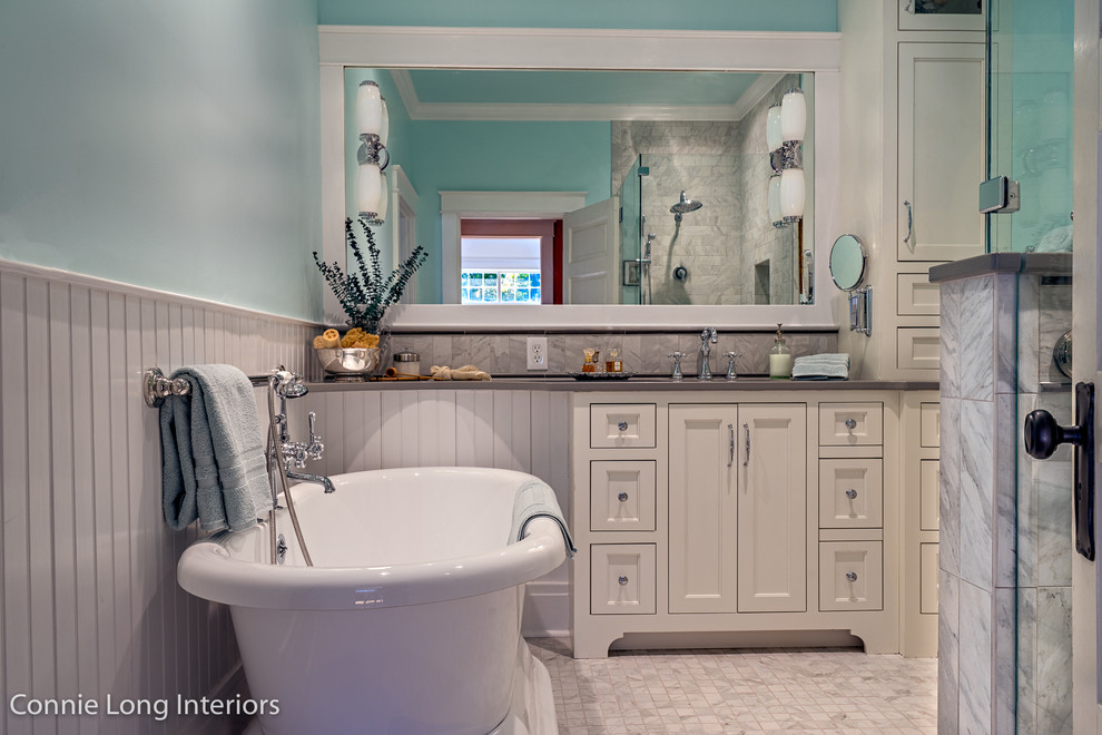 Design ideas for a small traditional master bathroom in Nashville with shaker cabinets, white cabinets, a freestanding tub, an open shower, a two-piece toilet, white tile, porcelain tile, blue walls, porcelain floors, an undermount sink and engineered quartz benchtops.