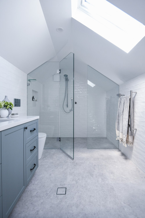 Large Shower Areas in Attic Bathrooms with White Walls