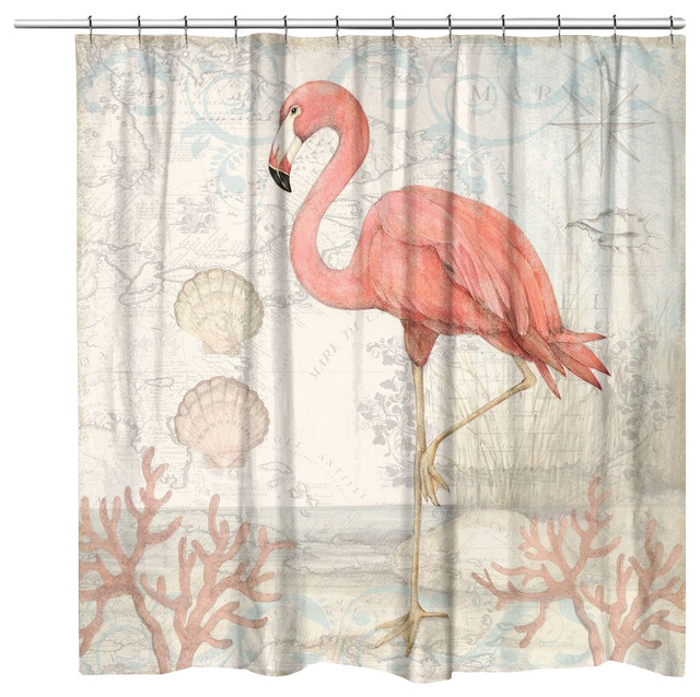 Laural Home Coastal Flamingo Shower Curtain 71 X74 Beach Style