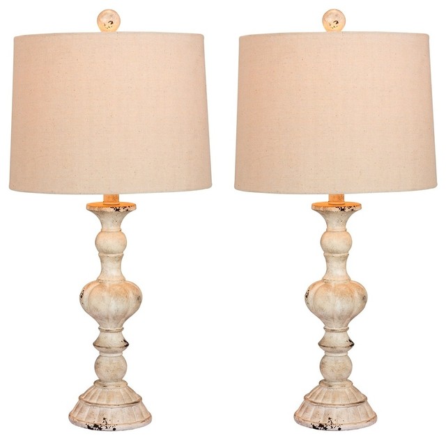 26.5" Candlestick Resin Table Lamps, Cottage Antique White, Set of 2