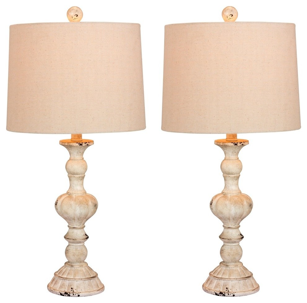 26.5" Candlestick Resin Table Lamps, Cottage Antique White, Set of 2