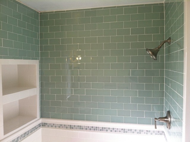 Design ideas for a transitional bathroom in San Francisco with an alcove shower, green tile and subway tile.
