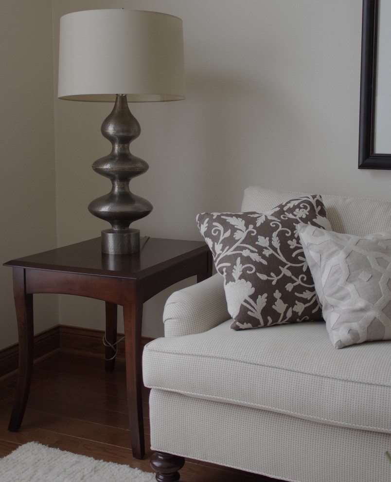 Mid-sized transitional formal and enclosed dark wood floor living room photo with white walls, no fireplace and no tv