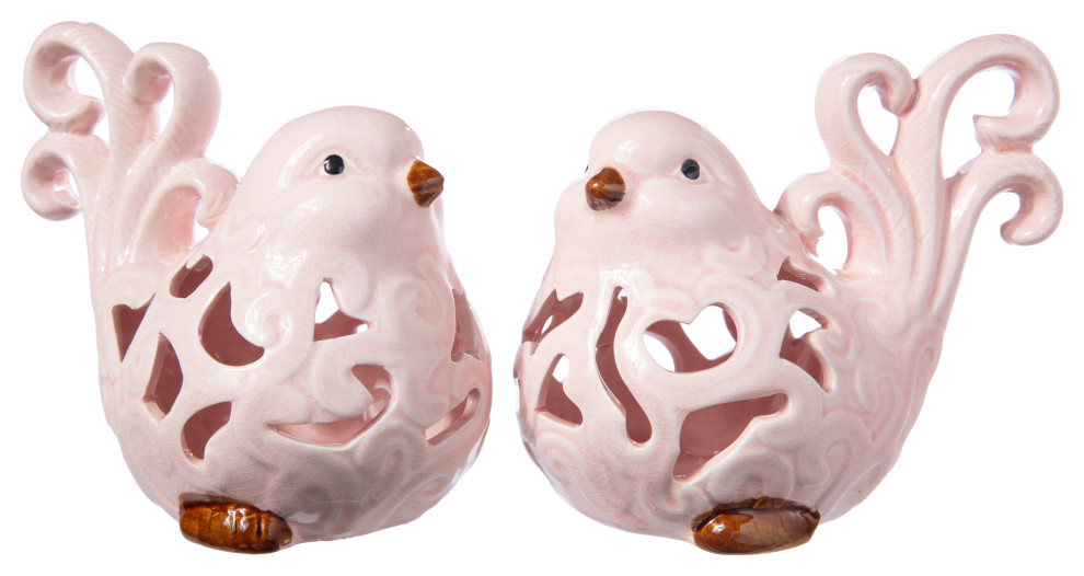 Ceramic Cardinal Bird Figurine Gloss Pink Finish Contemporary