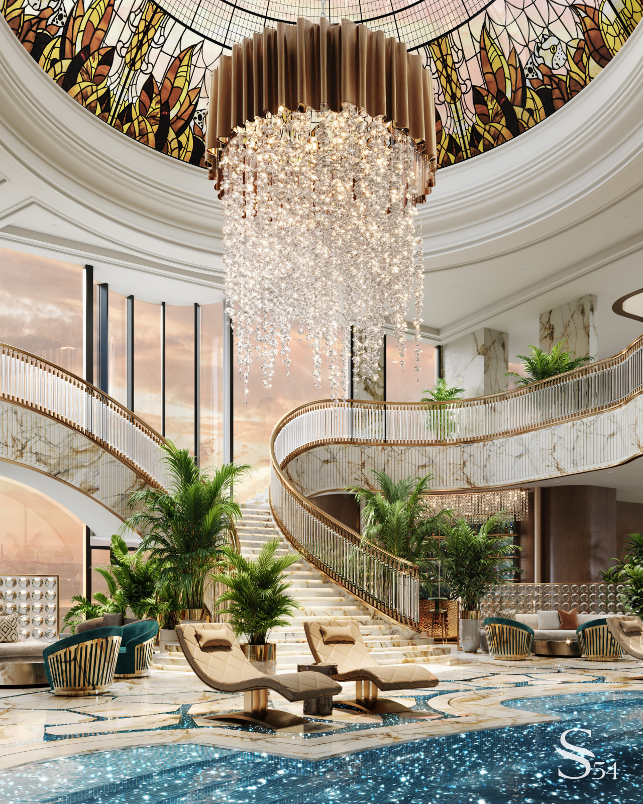 Люстра стекает из-под витражного купола