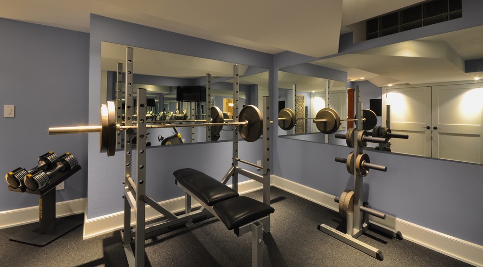Design ideas for a transitional home gym in Milwaukee.