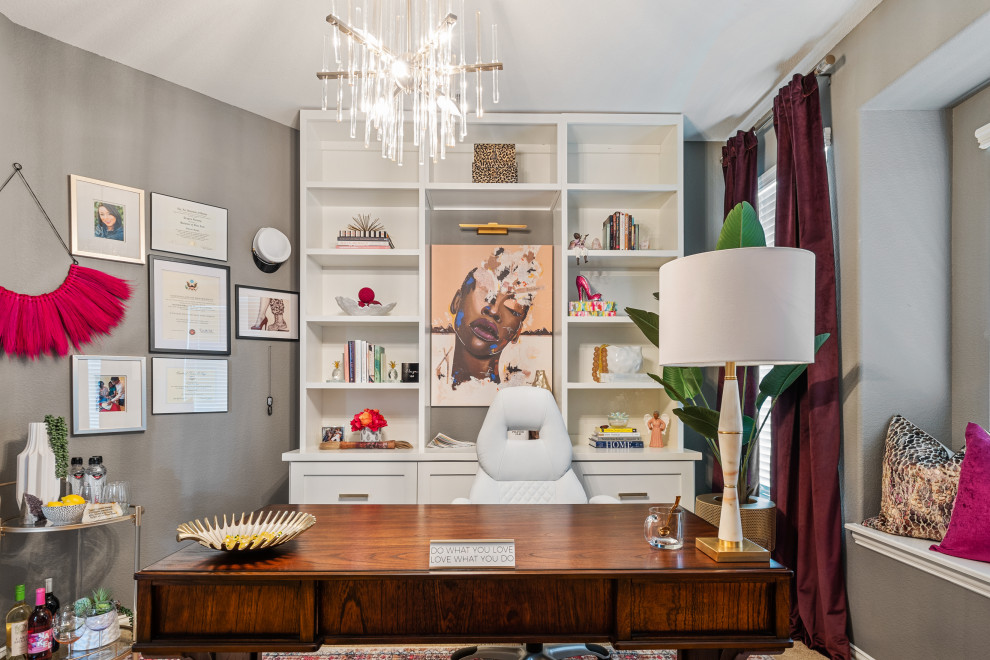 Inspiration for a mid-sized eclectic freestanding desk carpeted home office remodel in Dallas with gray walls and no fireplace