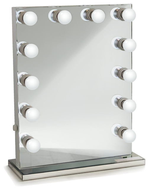 Hollywood LED Mirror With Mirrored Stand 2 Outlets Contemporary