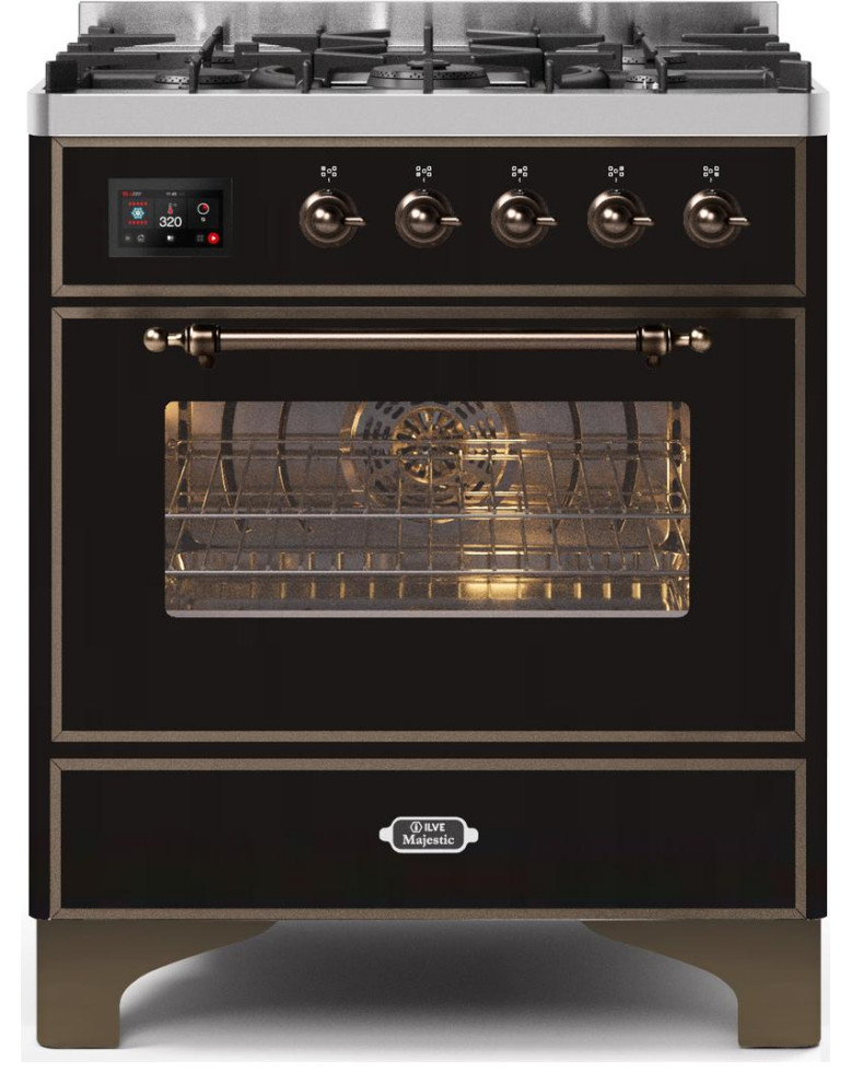 Ilve 30 Inch Dual Fuel Convection Freestanding Range in Glossy Black Contemporary Gas Ranges