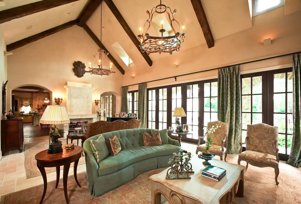 Mediterranean formal open concept living room in Houston with beige walls.