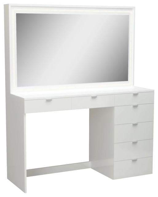 Modern Vanity Table, Multiple Drawers & Rectangular Mirror With LED light, White Modern