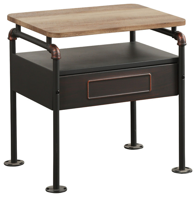 Tori TwoTone Nightstand, Sandy Gray and Antique Oak Industrial Nightstands And Bedside